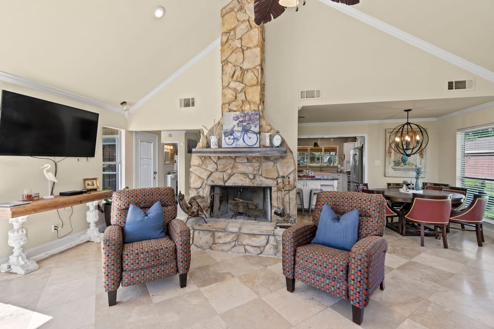 Living room with wood fireplace