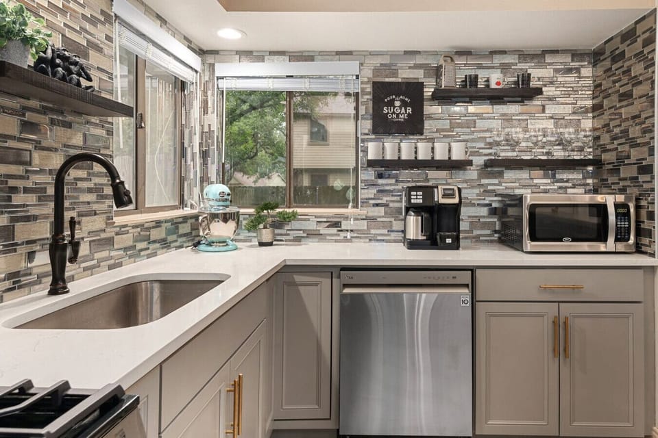 Fully equipped kitchen for group dinners near North Austin tech hubs.