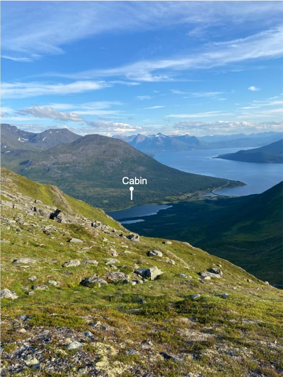 A photo taken on a hike directly from the cabin.  Cabin location marked