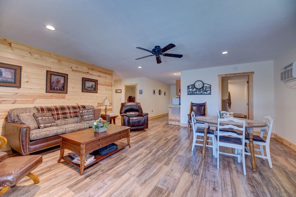 Open living area, comfortable seating, sofa pulls out into a bed.