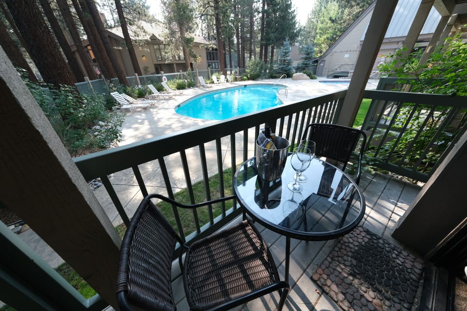 Private balcony view of the pool