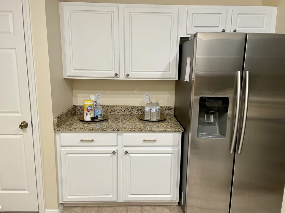 Refrigerator with ice & water dispenser, pantry, sanitizing items for use