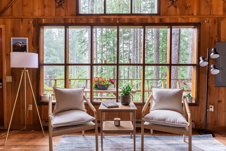 Comfy setup to enjoy the large beautiful windows. 