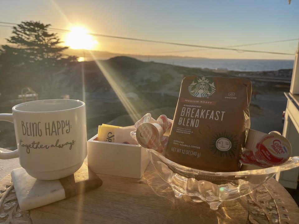 Enjoy morning coffee on the balcony. 12 oz bag of coffee, cream, sugar provided.