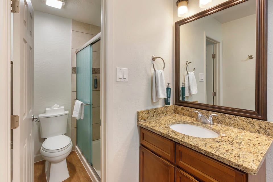 Get ready easily with bright vanity lighting and roomy counter.