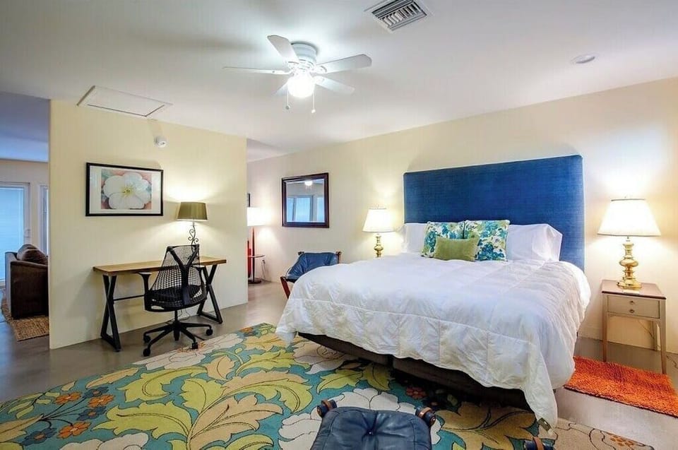 King bed in spacious sleeping area.  Excellent mattress for your comfort.
