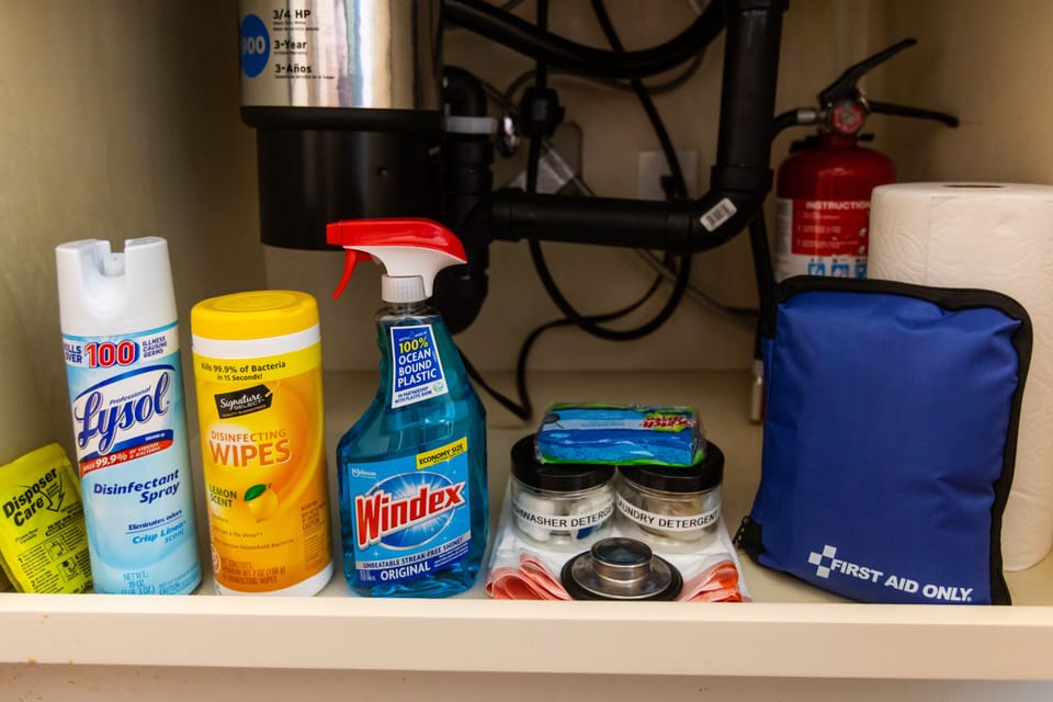 Cleaning supplies, fire extinguisher, first aid kit, detergent