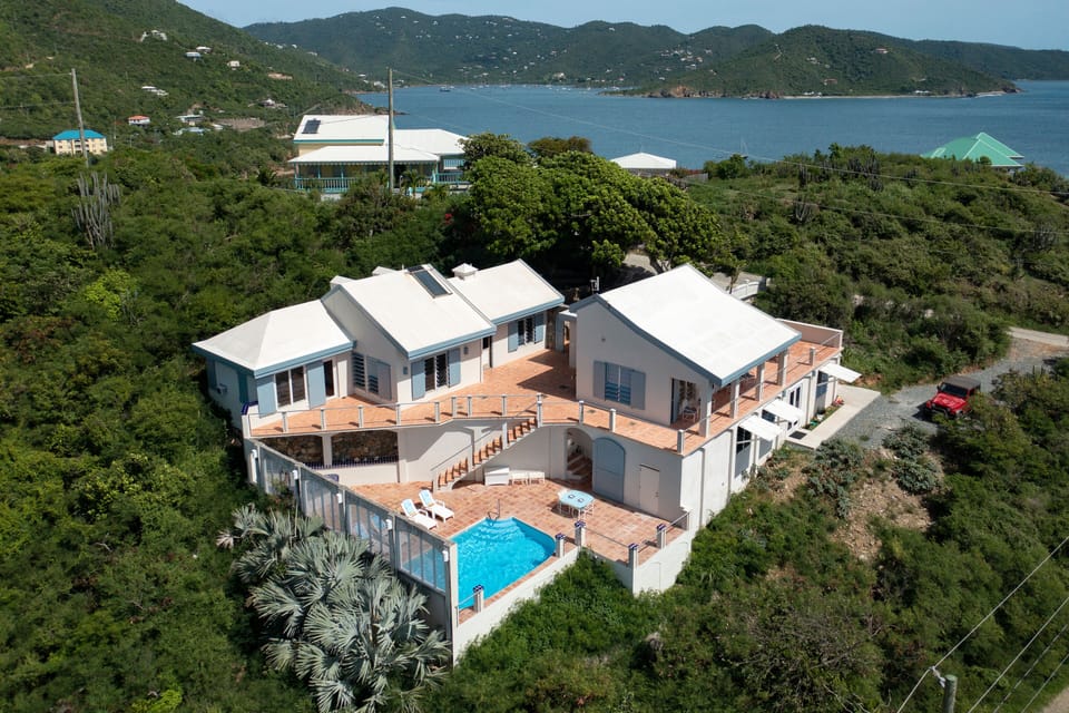 View of Villa Helios with Coral Bay in the background.