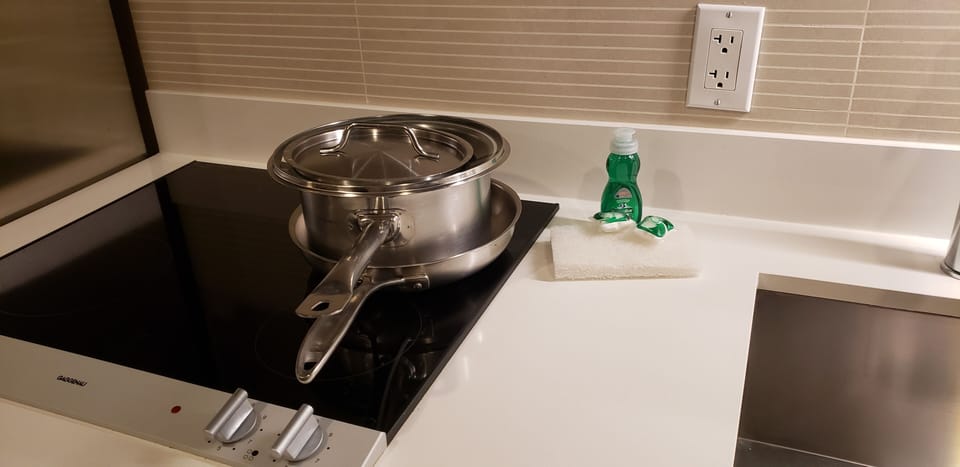 Dishes, pots and pans can all be requested from Housekeeping and free to use.