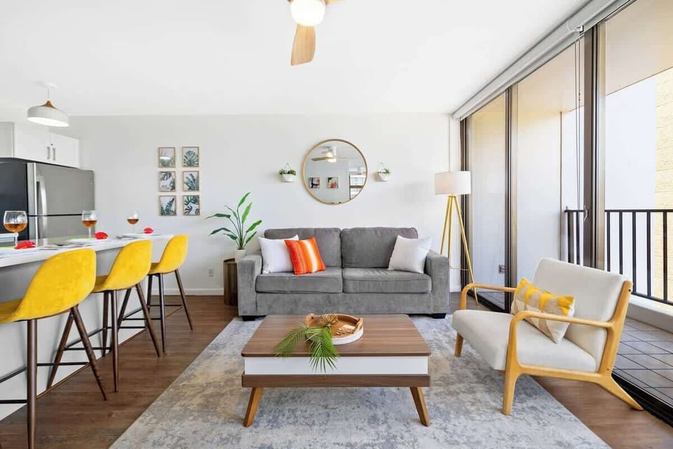 Living room includes queen size sofa bed