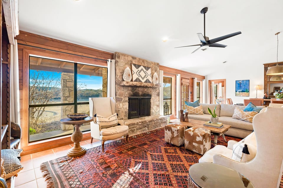 Living room with wood burning fireplace