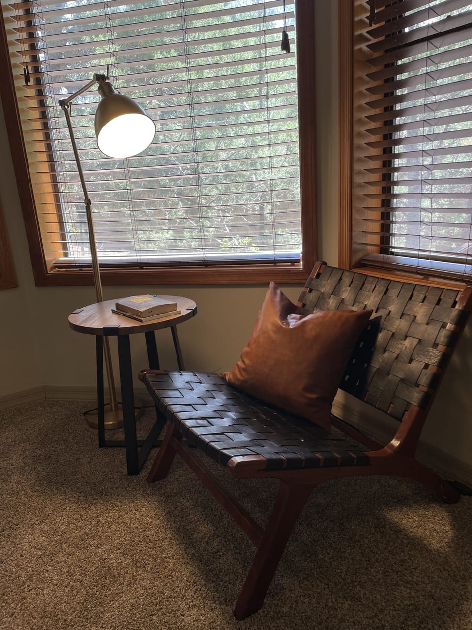 Cozy area for reading and relaxing, with gorgeous forest views. 