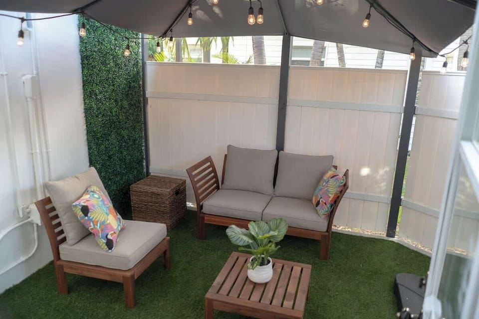 Private patio with string lights