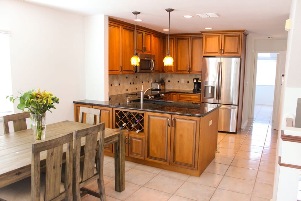 Kitchen has stainless steel appliances