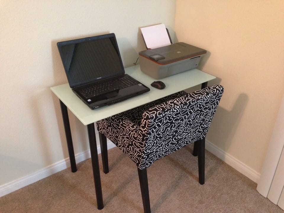 Computer desk with access to printer (laptop not included)