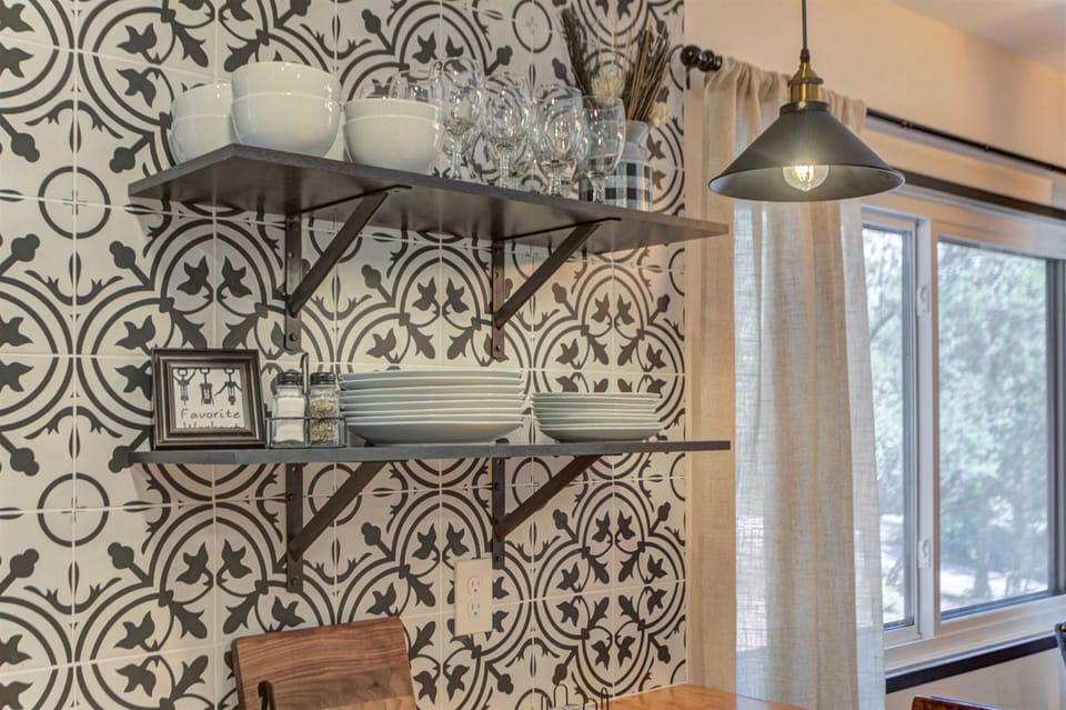 Shelving makes it easy to reach for any dishes you may need.