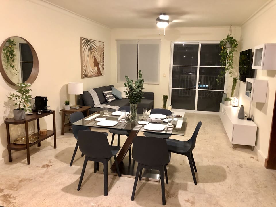 Living and dining area at night