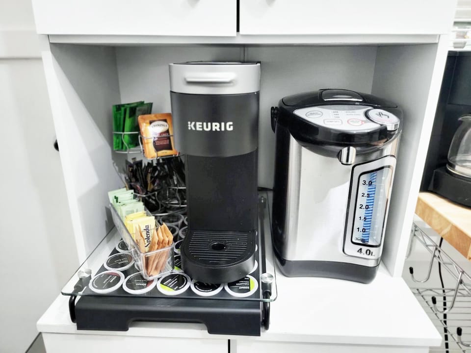 Enjoy espresso, coffee, tea, and oatmeal!