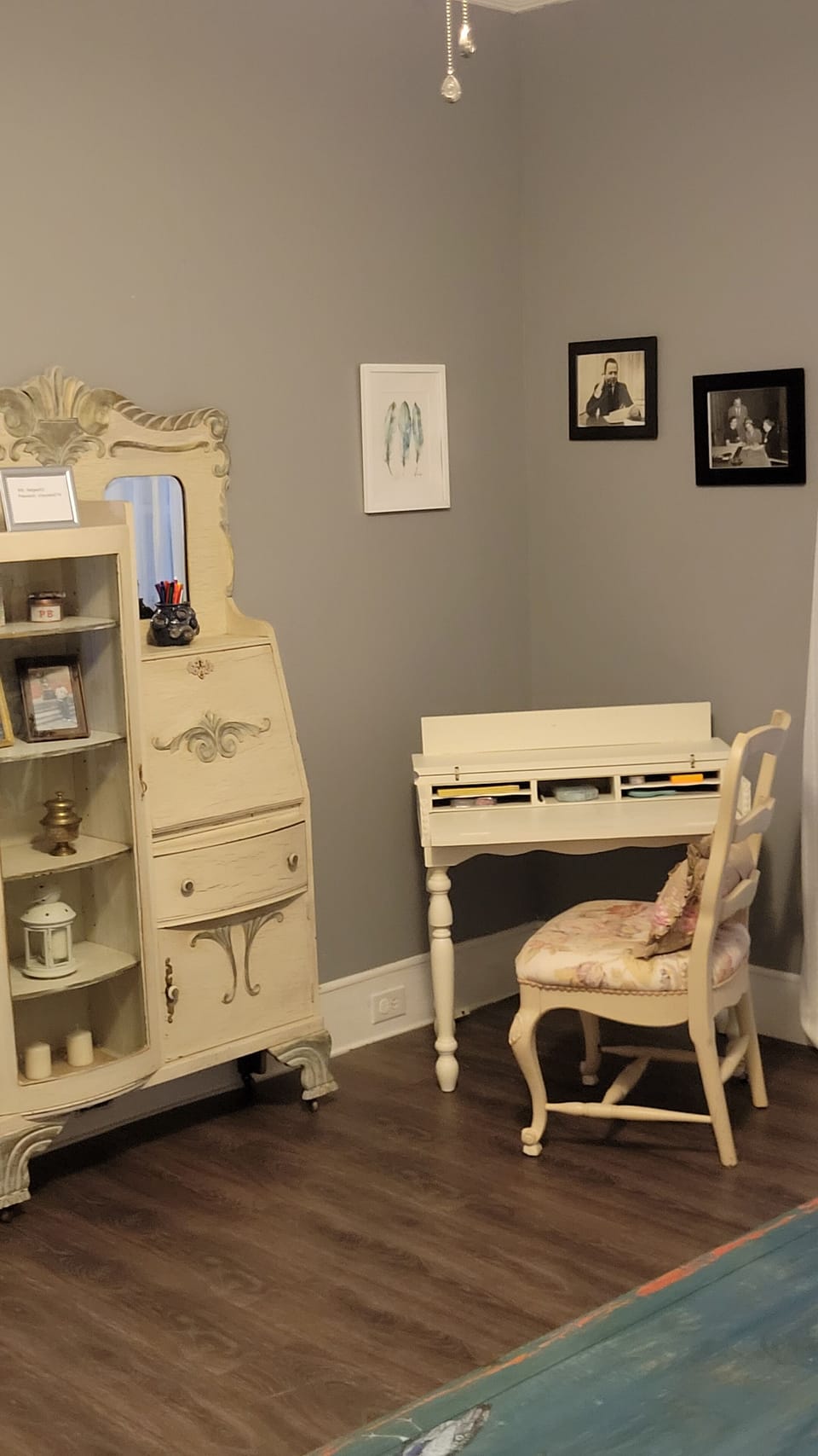 Office area includes a wireless laser printer and supplies