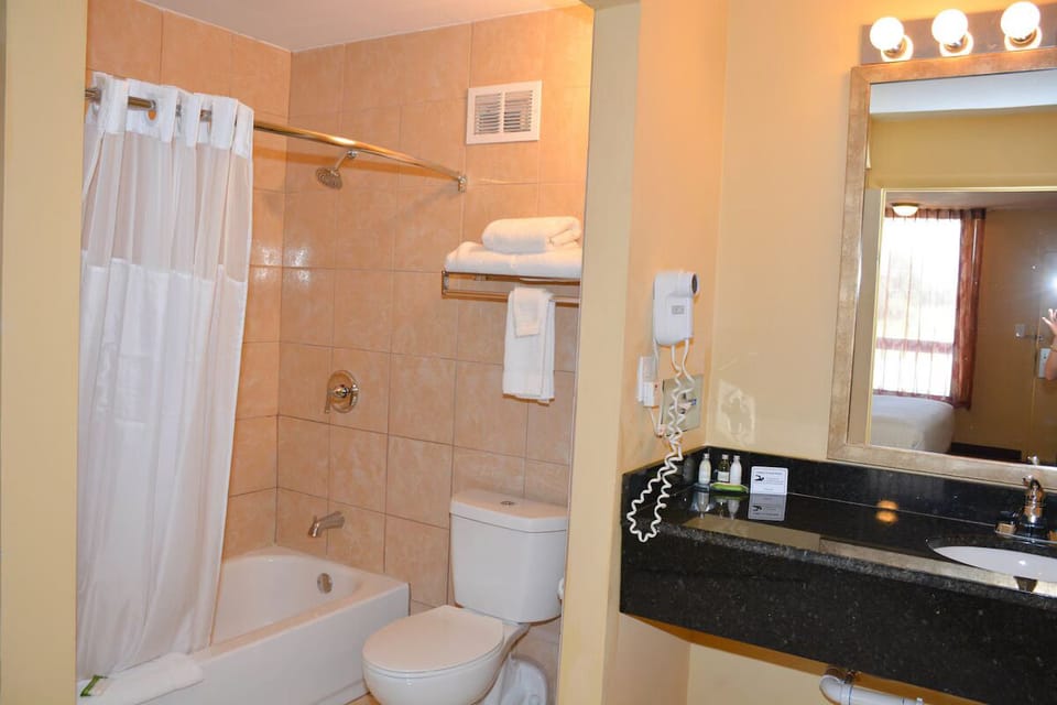 Refresh in a spotless bathroom with warm lighting and plush towels.
