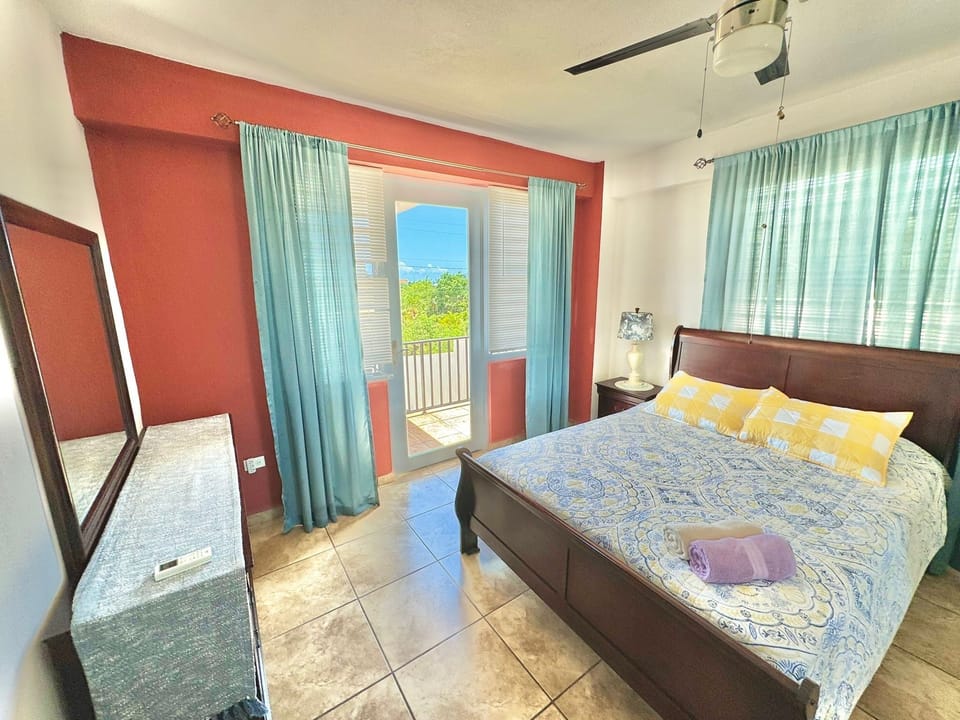 master bedroom queen bed , AC , private terrace access , walk in closet