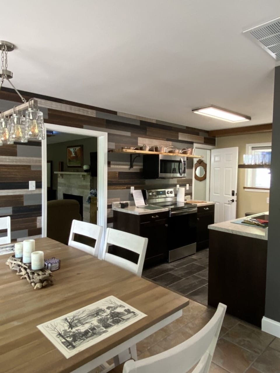Main Kitchen in the Lodge with the family room in the background. 