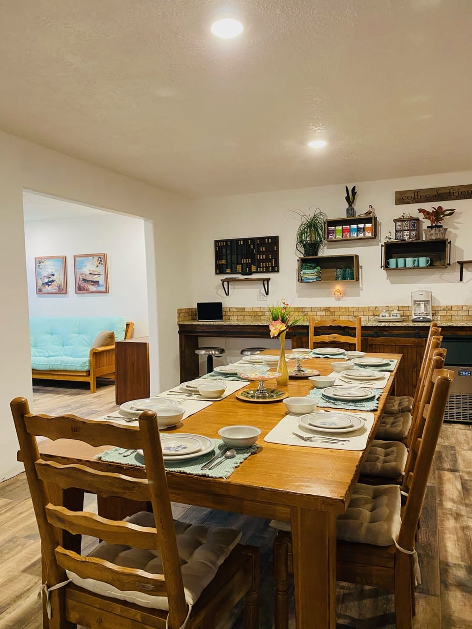 Dining room with common room to the left and buffet in background
