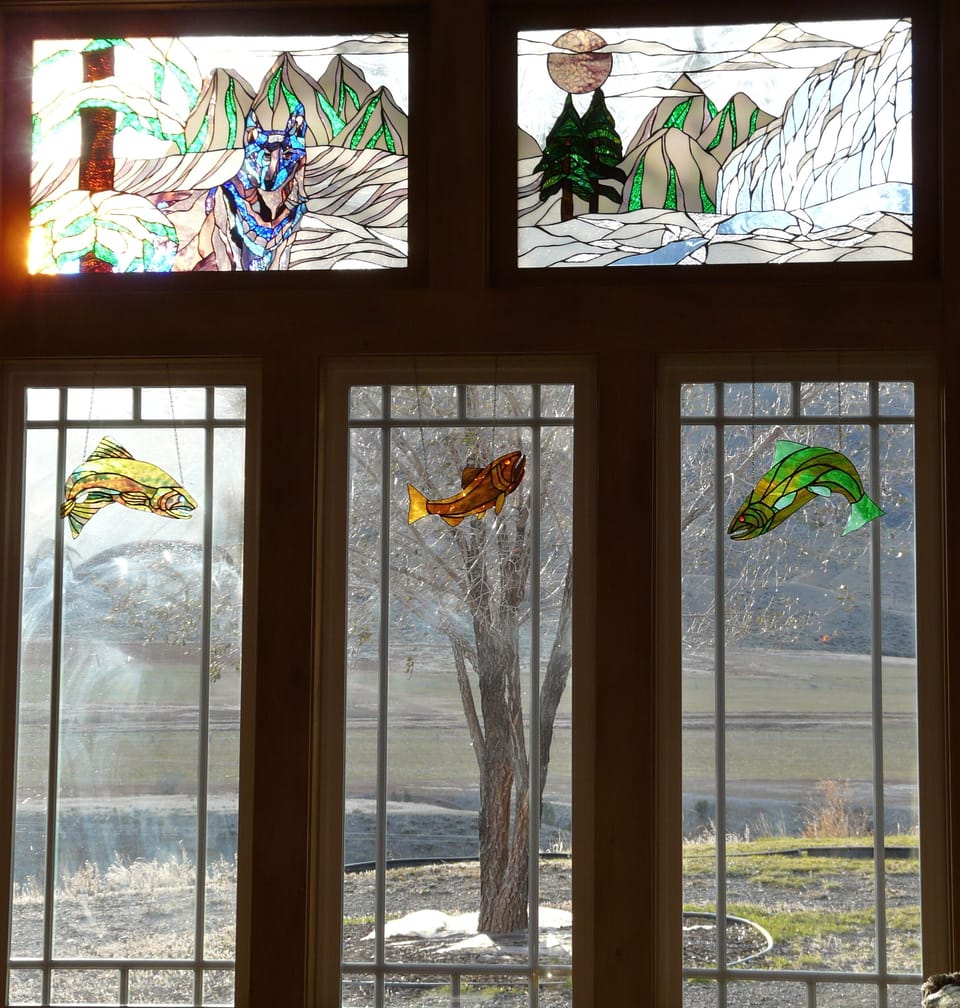 Close-up of the stained glass windows, made by the owner