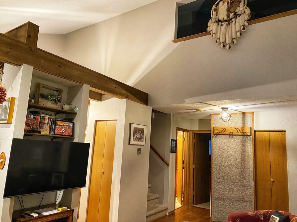 Looking up towards the upstairs bedroom's window.