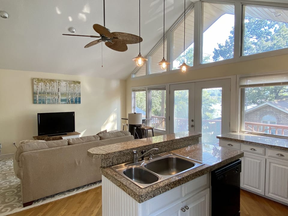 Lake views from the living room and kitchen.