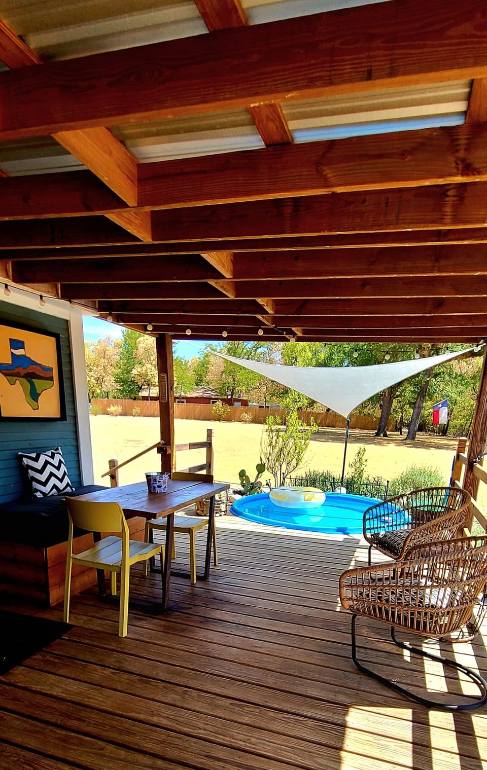 Private deck with seating for 6 and 8' diam seasonal stock tank plunge pool💦