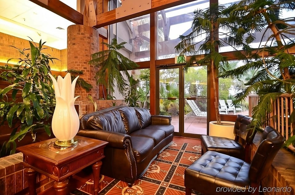 Unwind beneath soaring windows surrounded by lush indoor greenery.