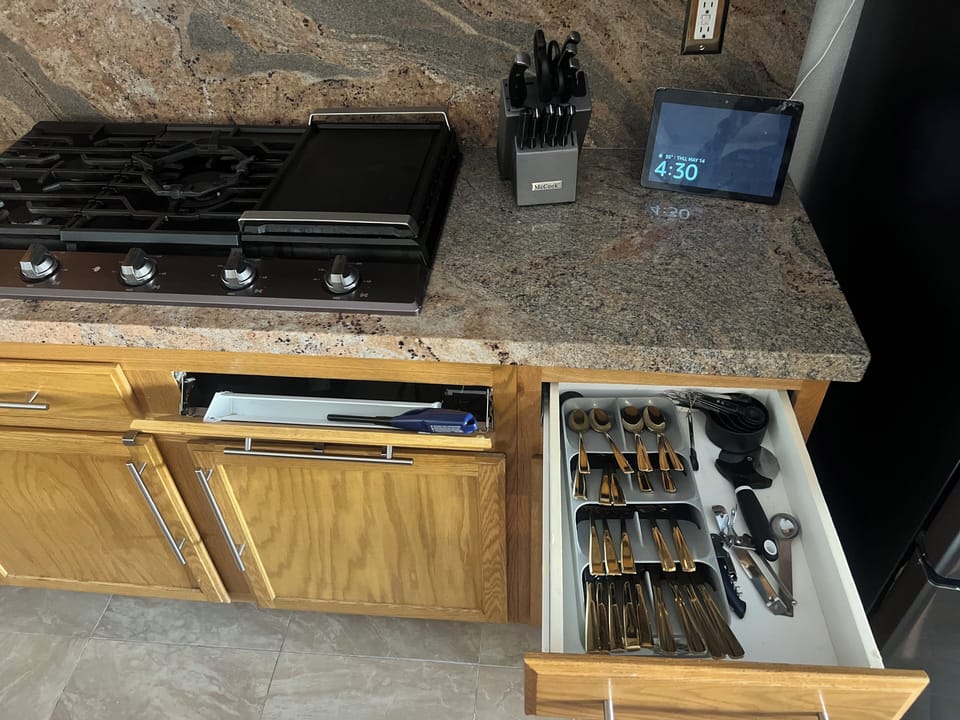 Silverware: 9 k, 7 f, 8 S, 6 s
1 opener
1 lighter 
Alexa: lights and house temp.