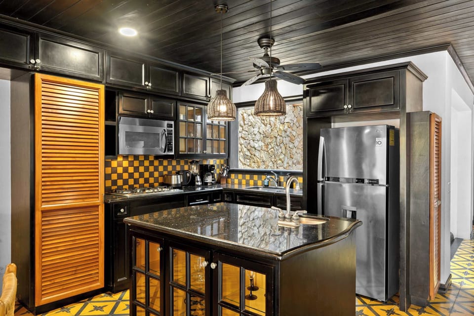 Fully equipped kitchen with stainless steel appliances.