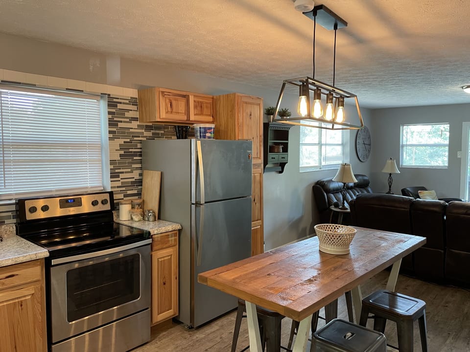 View of the kitchen and eating areas