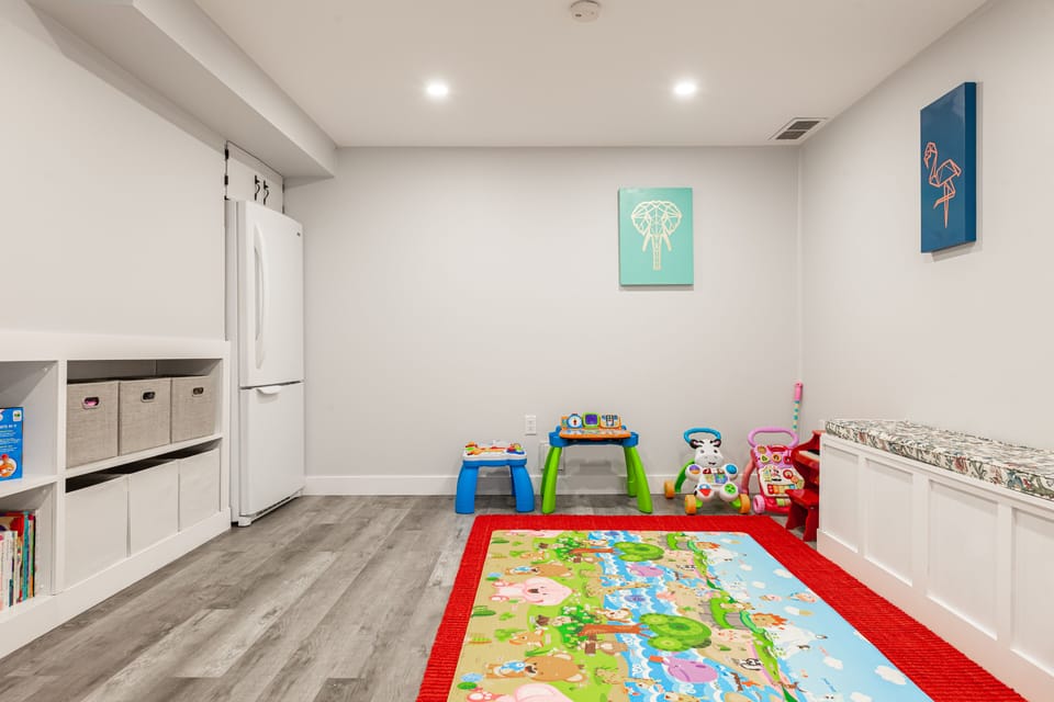 Kids playspace galore--a climbing wall is going on here!