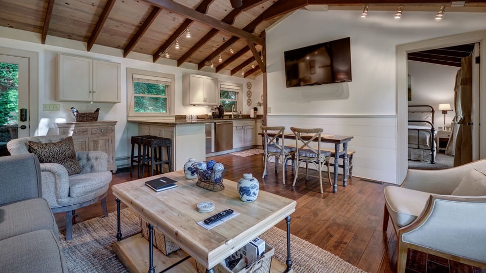Kitchen, living room and dining table featuring television. The steel appliance on the right in the kitchen is the dishwasher and the left is the undercounter fridge and freezer.