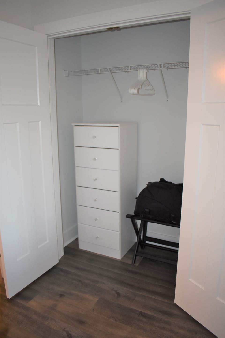 BR 2&3 closet layout. BR1 entire closet open for hanging, dresser in main room.