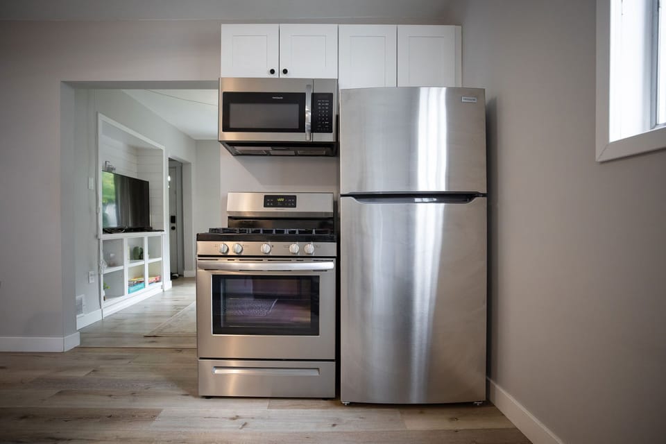 Stainless Steel Stove + Microwave + Refrigerator 