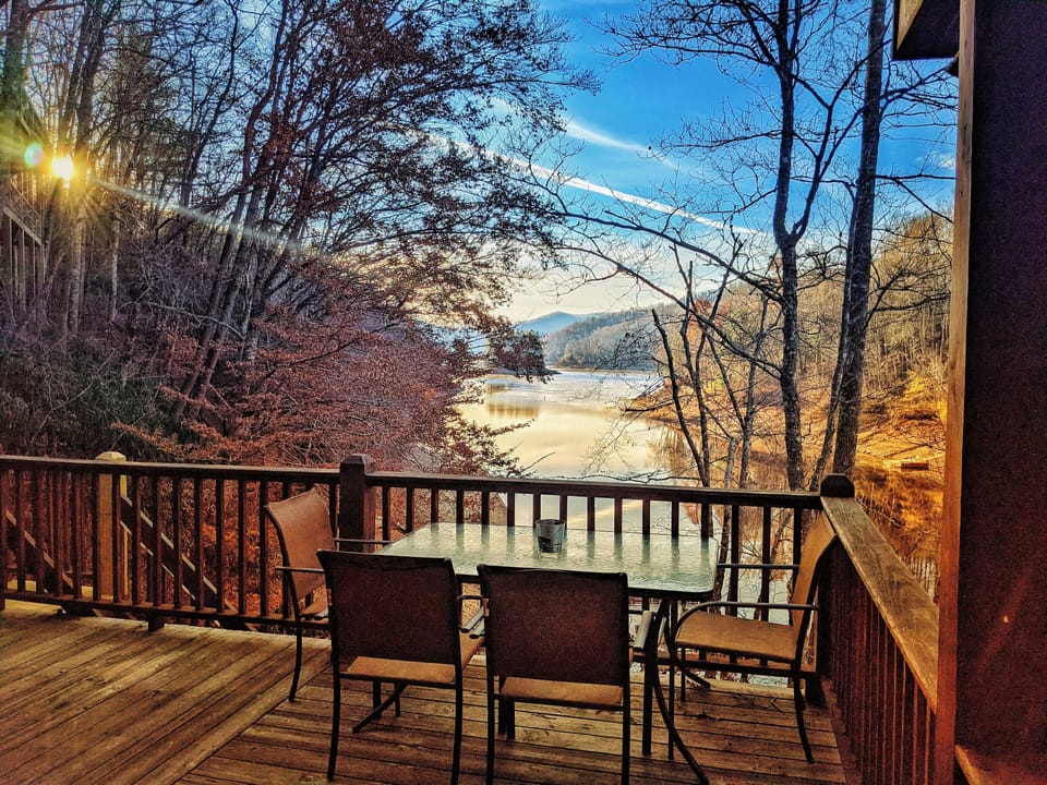Sunrise on the deck - overlooking Rabbit Island.  Mornings in the mountains!