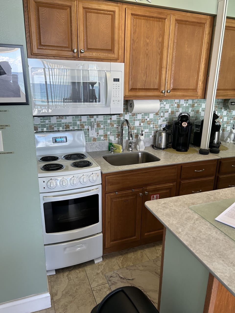 New countertops . Full kitchen. We supply whatever you need to cook your meals. 