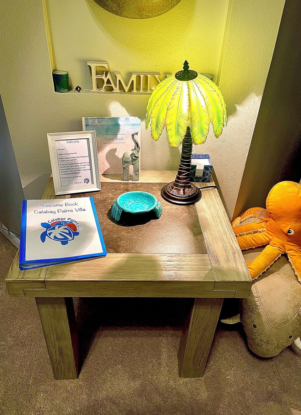 Welcome Table with Mesesage from owners, Guest Book and Book of Info