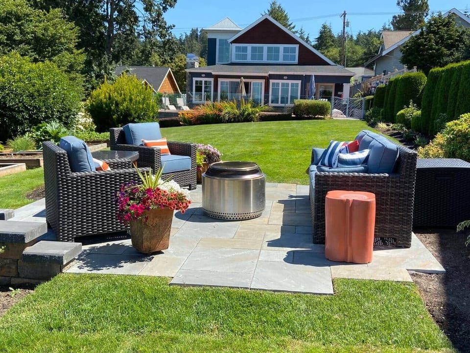The patio overlooks Saratoga Passage in the Puget Sound. It's a perfect place to sip coffee or wine while enjoying the natural beauty. Depending on state and county rules, burning may not be allowed. Inquire for details.