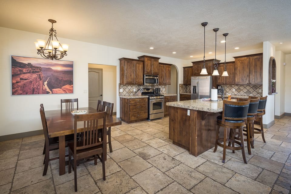 Large, open kitchen, fully stocked for preparing meals at home