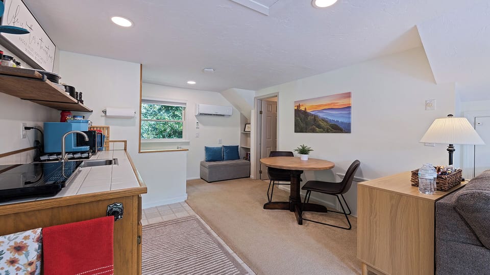 Kitchenette, dining, and entryway from stairs