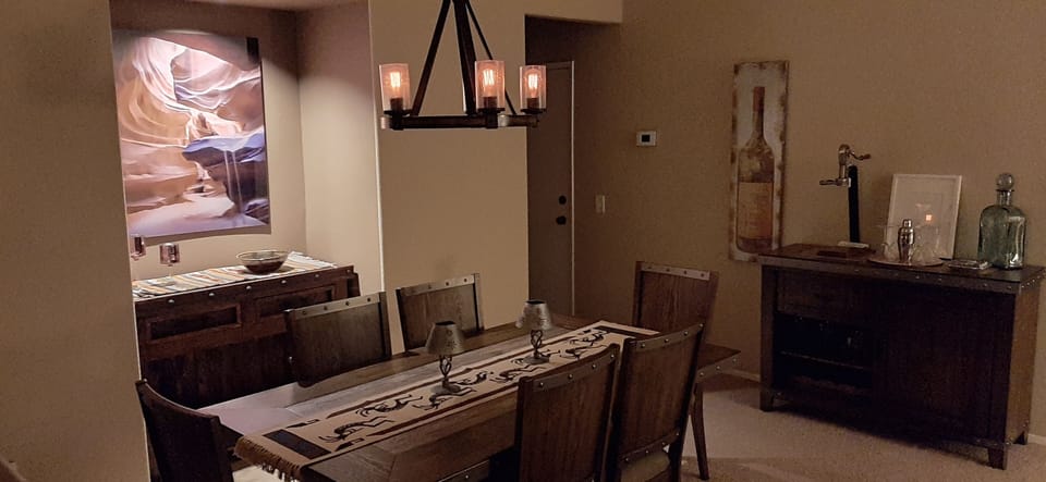 Indoor dining area. Extra chairs available for 8 if needed.
