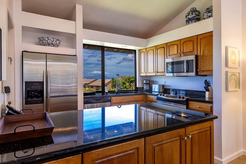 Mountain and ocean view from the kitchen