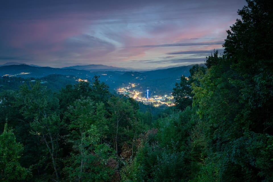 Stunning sunset from the top deck with view of downtown Gatlinburg! 