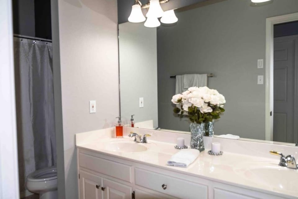 Twin Vanity in the bathroom with shower/tub