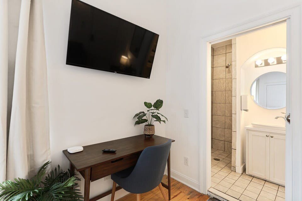 View of the living space and bathroom